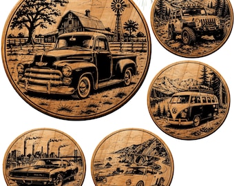 Oldtimer-Untersetzer svg-bündel Weinlesefahrzeug-Lasergravurdateien Rundholzuntersetzer PNG LKW van Muskel-Car-Designs