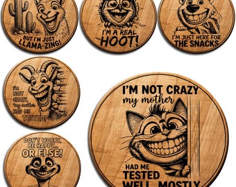 6 Funny Animal Coaster SVG Bundle, Humorous Laser Engraving Files, Llama Owl Bear Goat Cat Meerkat Coaster Designs, Digital Download