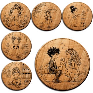 May include: A collection of six circular wooden coasters, each featuring an engraved illustration. The designs depict a girl with flowers, a girl with a dog, a girl watering a plant, a girl in a dress, a boy reading, and a couple.