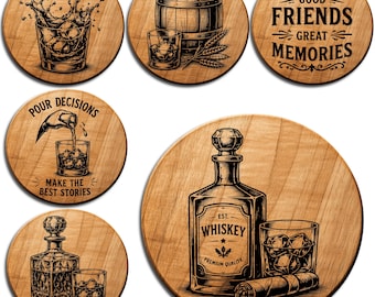 Whisky-Untersetzer SVG Bundle Laser-Gravur-Dateien Bourbon Bar Untersetzer Designs Whisky-Glas, Fass, Zigarre, Dekanter PNG
