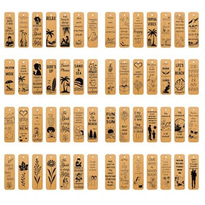 May include: A collection of wooden bookmarks with various engraved designs and text. Designs include beach scenes, inspirational quotes, and illustrations of animals, flowers, and people. The bookmarks are rectangular and have a natural wood color.