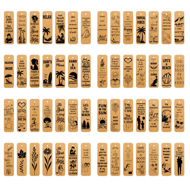May include: A collection of wooden bookmarks with various engraved designs and text. Designs include beach scenes, inspirational quotes, and illustrations of animals, flowers, and people. The bookmarks are rectangular and have a natural wood color.