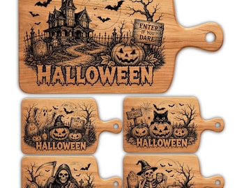 Halloween-Schneidebrett & Untersetzer SVG-Bundle, gruselige Lasergravurdateien, Kürbis, Geist, Katze, Skelett (PNG)