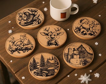 9 weihnachtliche Untersetzer (SVG-Bundle), niedliche Rentier-, Schneemann- und Weihnachtsmann-Laserschnittdateien, winterliche Holzgravurdesigns, Sofort-Download