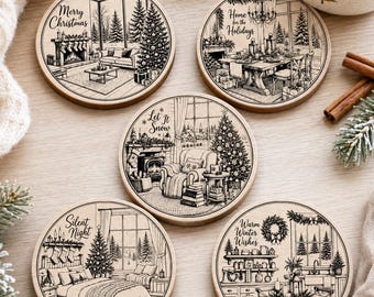 Christmas Coaster SVG Bundle, 5 Cozy Winter Engraving Designs, Laser Cut Christmas SVG, Holiday Coaster Files, Wood Engraving SVG