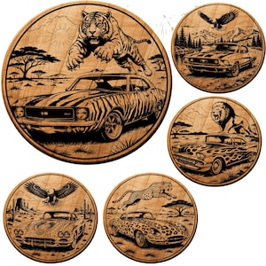 May include: Five circular wooden plaques featuring laser-engraved illustrations. Each plaque depicts a classic car paired with a wild animal, including a tiger with a Camaro SS, an eagle with a Mustang, a lion with a classic sedan, an eagle with a Corvette, and a leopard with a Jaguar.