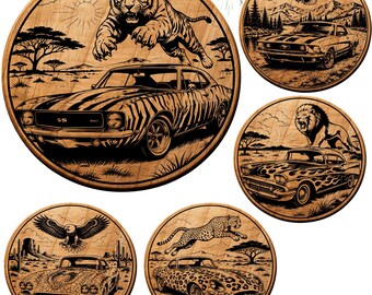 Wildtier Auto Untersetzer SVG Bundle Laser geschnitten Runde Untersetzer Klassische Muskelauto Gravurdateien Safari Wildtiere PNG
