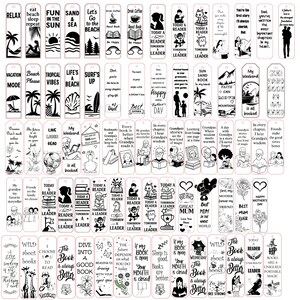 May include: Collection of black and white bookmarks with various designs and quotes. Themes include beach, reading, family, and inspirational messages. Each bookmark is rectangular and features unique illustrations and text.