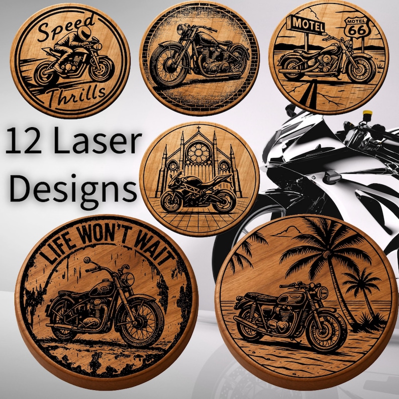 Motorcycle Vector Coaster Motorcycle Coaster SVG Bundle 12 Engraving Designs for Laser Cutting ...
