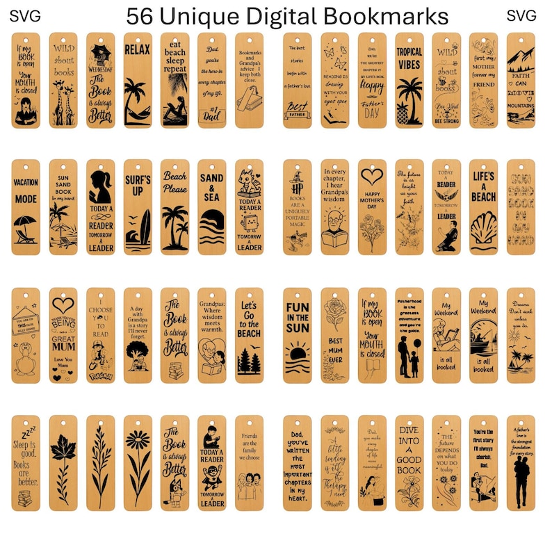 May include: A collection of 56 unique digital bookmarks with various designs and inspirational quotes. The bookmarks are rectangular, made of a light brown material, and feature black illustrations and text. Themes include beach, reading, and family.