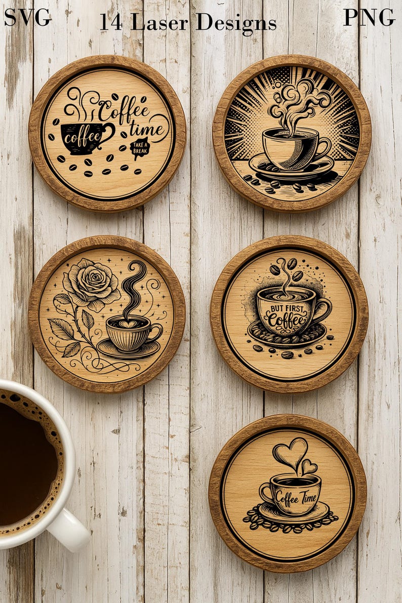 May include: Wooden coasters with laser-cut coffee-themed designs. Each coaster features a different coffee cup illustration with phrases like "Coffee Time" and "But First, Coffee." The coasters are round with a dark brown border and a light brown center.