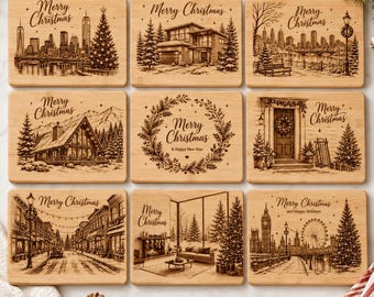 9 Christmas Cutting Board SVG Bundle, Merry Christmas Laser Engraving Files, Winter City Cabin Designs, PNG Digital Download