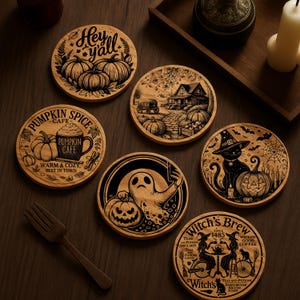 May include: Set of six round wooden coasters with Halloween and autumn-themed designs. Each coaster features intricate engraved illustrations of pumpkins, ghosts, a black cat, and text like "Hey y'all" and "Pumpkin Spice Cafe."