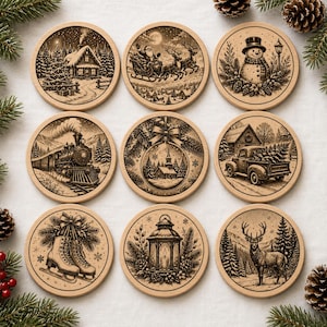 May include: A set of nine round wooden coasters featuring detailed laser-engraved winter scenes, including a cabin, Santa in a sleigh, a snowman, a steam train, a church ornament, a truck with a tree, ice skates, a lantern, and a deer.