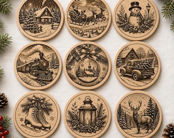 9 Vintage-Weihnachtsuntersetzer-SVG-Dateien im Bundle, Winter-Lasergravurdateien, Weihnachtsmann, Schneemann, Zug, Hirsch-Designs, Digitaler Download