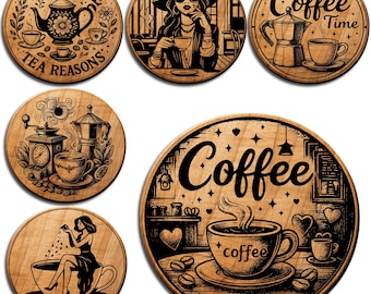 Paquete de 9 diseños SVG para amantes del café / Archivos para grabado láser PNG DXF Diseños de posavasos para tazas de café / Archivos para grabado láser de decoración de cocina