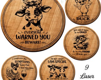 Funny Farm Animal Coaster SVG Bundle | 9 Laser Engraving Designs | Cow Duck Chicken Turtle Quotes | Wood Coaster Files