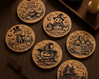 6 Halloween-Untersetzer-SVG-Dateien, gruselige Lasergravurdateien, Kürbis-, Hexen-, Panda- und Gnome-Designs, runde Untersetzer (PNG)