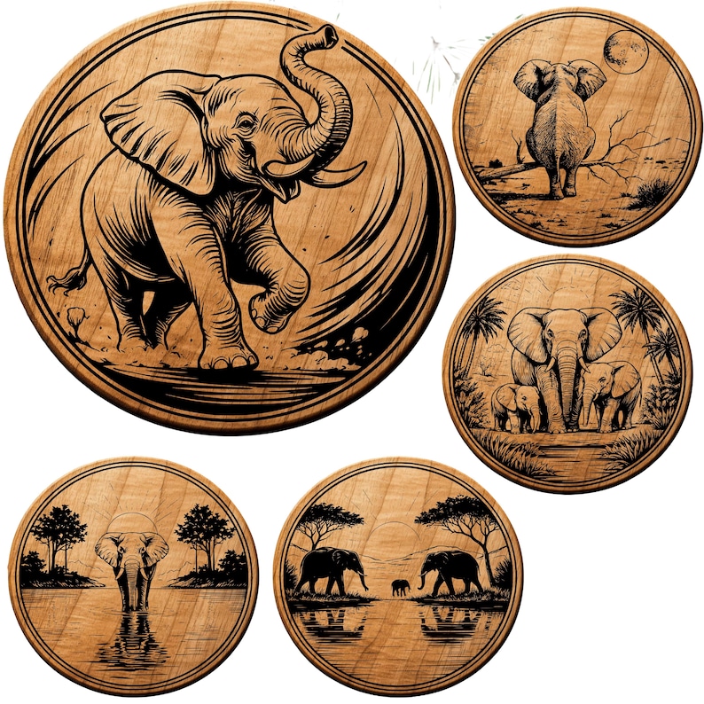 5 Elephant Laser Engraving Svg Png Dxf Coasters Bundle - Etsy