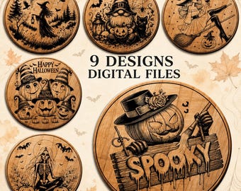 9 Halloween Coaster SVG Bundle, Spooky Laser Engraving Files, Witch Skeleton Pumpkin Designs, Glowforge Digital Download