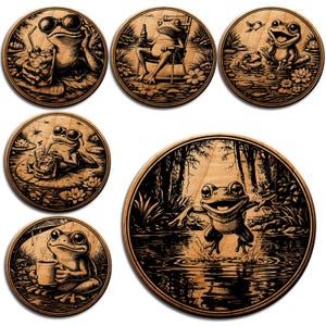 May include: Set of six wooden coasters with engraved frog illustrations. Frogs are depicted in various relaxing scenes, including wearing sunglasses, drinking beverages, and enjoying nature. The coasters are round with a natural wood grain finish.