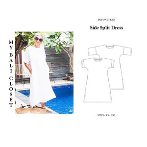 May include: A PDF pattern for a side split dress. The pattern is shown on a white dress with a woman wearing it by a pool. The text "MY BALI CLOSET" is on the left side of the image. The text "PDF PATTERN Side Split Dress" is at the top of the image. The text "SIZES: XS - 3XL" is at the bottom of the image.
