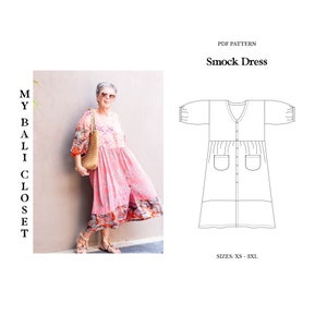 May include: A PDF pattern for a smock dress with a V-neck, button front, and two patch pockets. The pattern is available in sizes XS to 3XL. The image also shows a woman wearing a pink and orange floral smock dress.