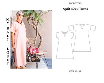 Split Neck Dress  XS- 3XL, Pockets, Sleeves