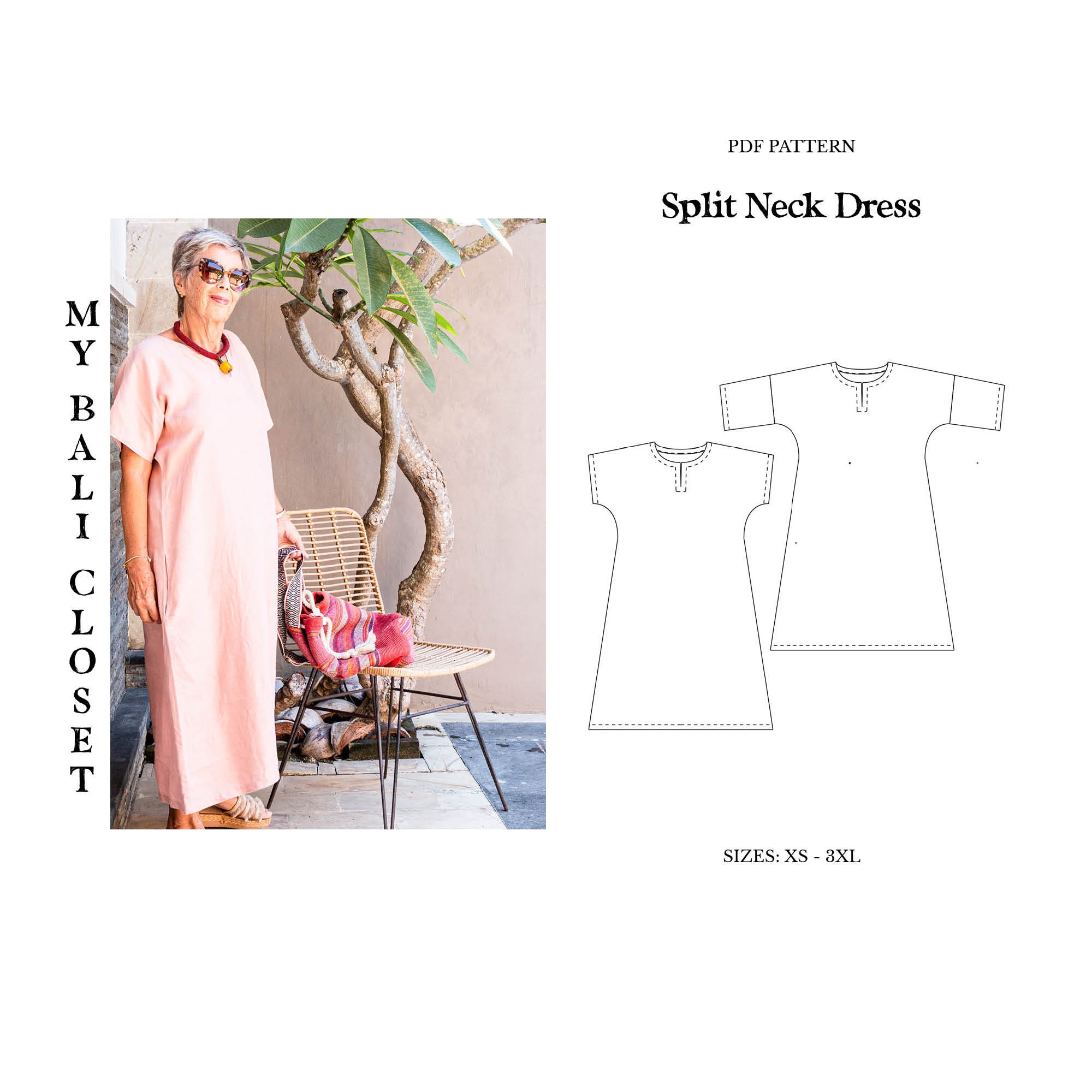 Split Neck Dress  - PDF Sewing Pattern XS- 3XL