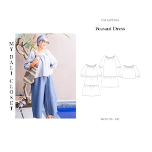 May include: A PDF pattern for a peasant dress. The pattern includes instructions for sizes XS to 3XL. The image shows a woman wearing a blue peasant dress and a straw bag.