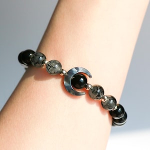 Schwarz Achat Perlen Armband mit Schwarz Mond Anhänger und Silber Zwischenperlen