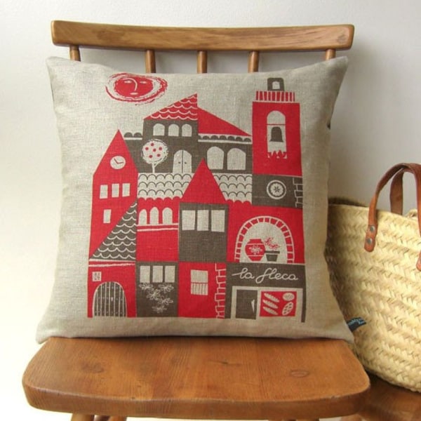 Siesta linen cushion in red and tan