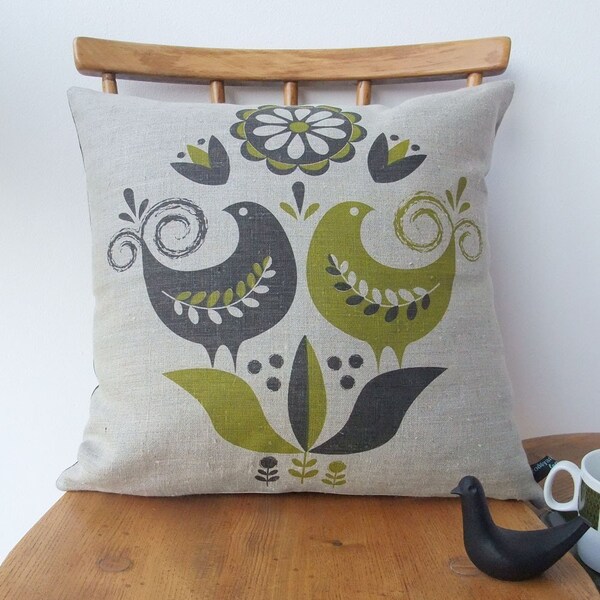 Happy birds cushion in olive on natural linen union