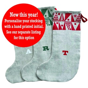Nordic Tree Christmas stocking, handmade in natural linen, Scandinavian style stocking. image 10