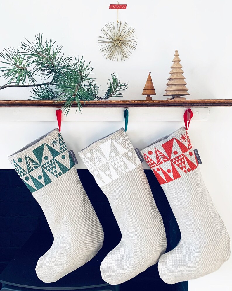 Nordic Tree Christmas stocking, handmade in natural linen, Scandinavian style stocking. image 1