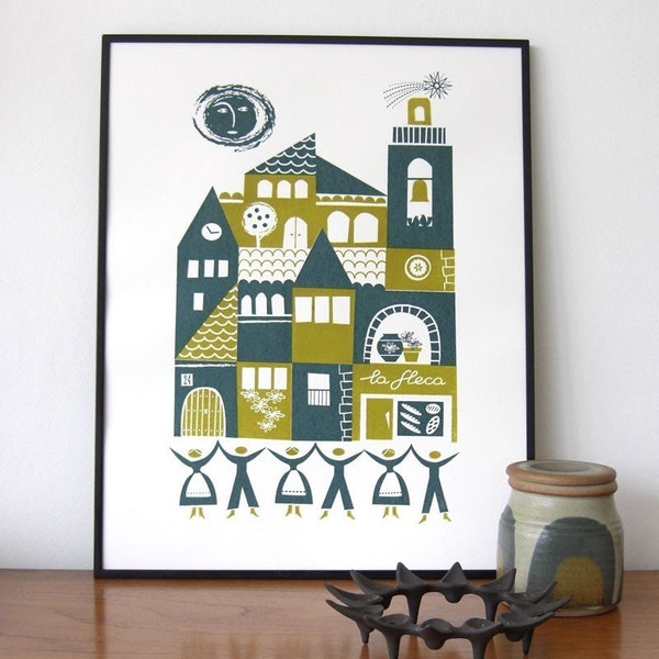 Sardana screenprint in dark teal and olive