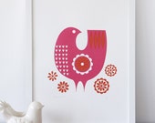 Pink daisybird screenprint