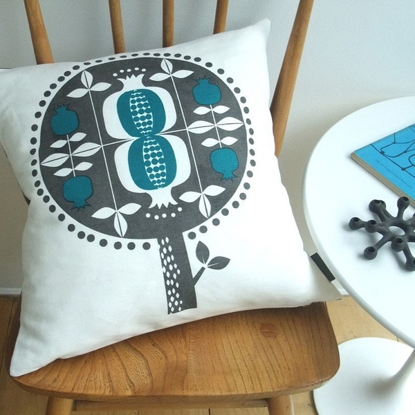 Pomegranate tree cushion in teal on white linen