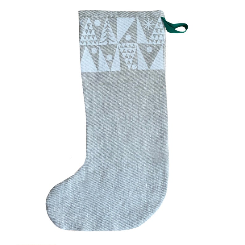 Nordic Tree Christmas stocking, handmade in natural linen, Scandinavian style stocking. image 8