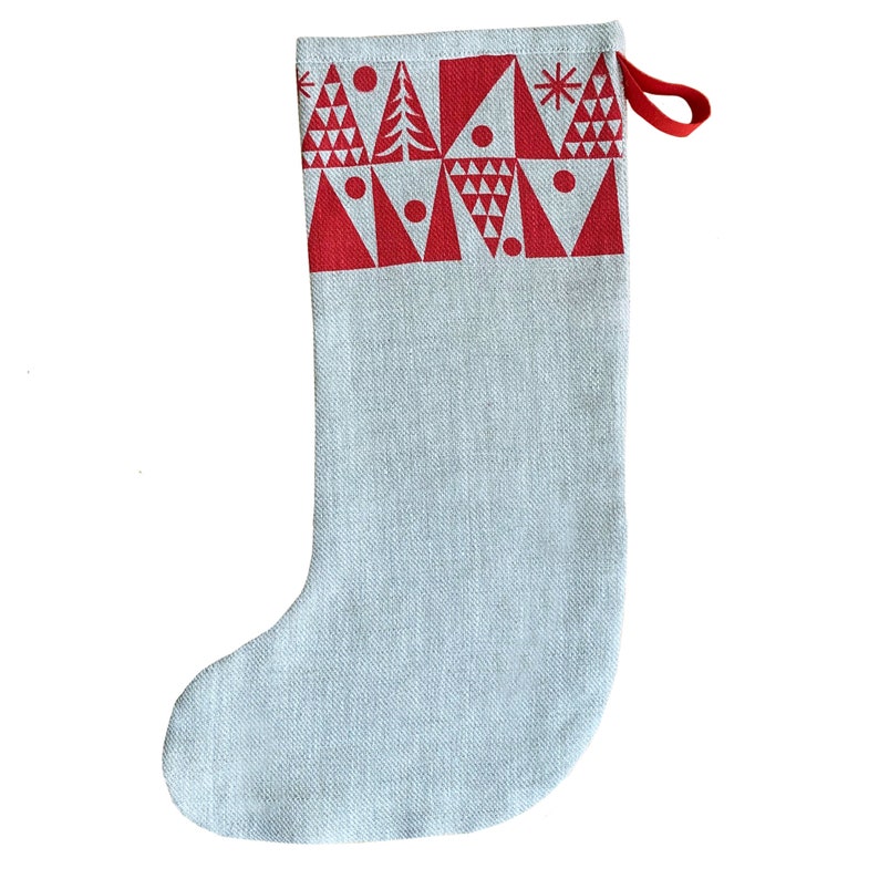 Nordic Tree Christmas stocking, handmade in natural linen, Scandinavian style stocking. image 7