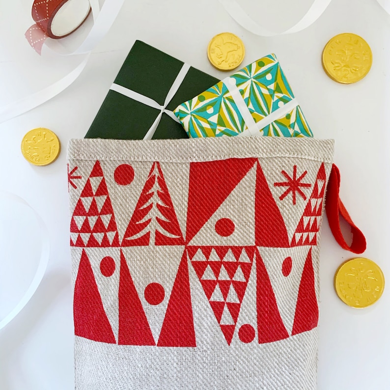 Nordic Tree Christmas stocking, handmade in natural linen, Scandinavian style stocking. image 6