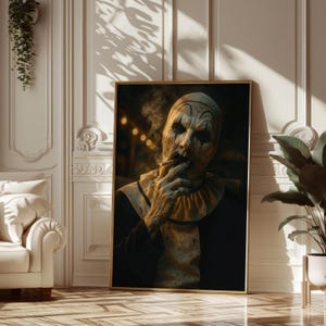 Gruseliges Clown Wandkunst, Horror Raucher Clown Poster, Vintage Zirkus Ästhetik, gruseliger Dekordruck, Pop Culture Dark Art