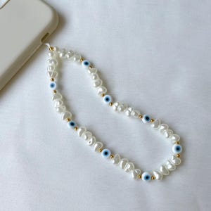 Lanières de téléphone perles blanches breloque oeil mauvais, dragonne de téléphone perles perles, accessoires téléphone mauvais œil, cadeau dragonne de téléphone, sacs dragonne pour appareil photo ETE FON57