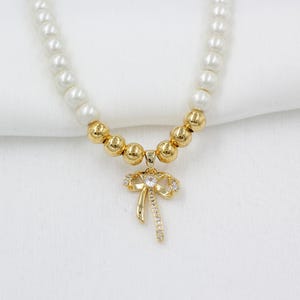 Bow Tie Charm Ready Necklace, Pearl Necklace, Zircon Tie Necklace Choker 24K shiny gold Beads Bow Charm Necklace Handmade Ball Necklace GT79