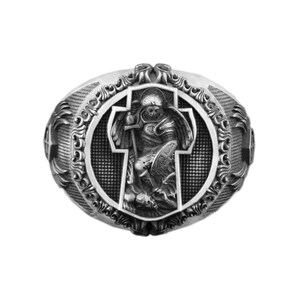 Archangel St Michael Slaying the Devil Solid Sterling Silver Men Ring, Protection Religious Christ Ring
