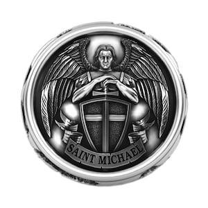 Archangel St Michael Slaying the Devil Solid Sterling Silver Men Ring, Protection Religious Christ Ring