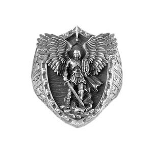 Archangel St Michael Slaying the Devil Solid Sterling Silver Men Ring, Protection Religious Christ Ring