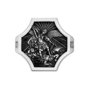 Archangel St Michael Slaying the Devil Solid Sterling Silver Men Ring, Protection Religious Christ Ring