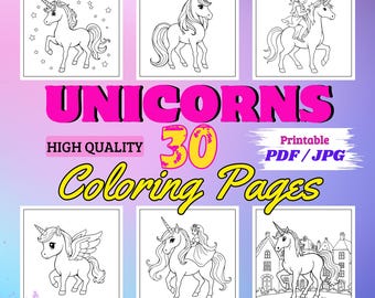 Unicorn Coloring Pages, 30 Printable Coloring Sheets for Kids & Adults, Stress Relief Art Therapy, Mythical Creature Coloring Book
