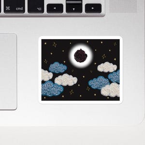 Verträumter Rose Mond Kunst Aufkleber, Gestickte Wolken und Sterne, nostalgische Aufkleber, wunderliche digitale Collage, Cottagecore Aufkleber, Kunstdrucke